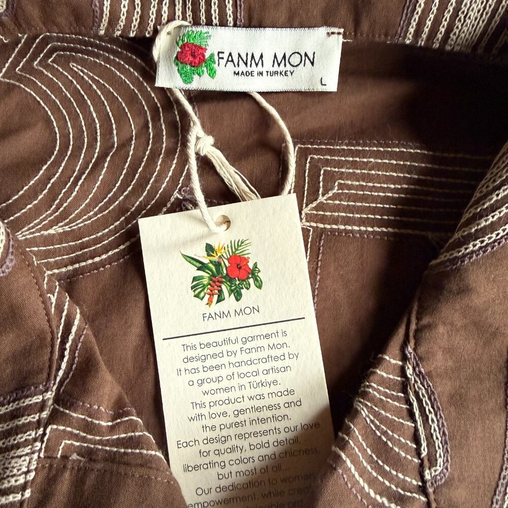 Fanm Mon Brown Embroidered SS Camp Shirt - 100% Cotton - Men's Large - Picture 3 of 6